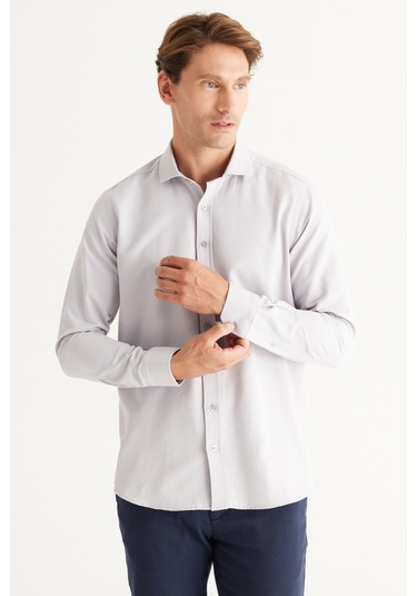 AC&Co / Altınyıldız Classics Erkek GRI Kolay Ütülenebilir Slim Fit Dar Kesim İtalyan Yaka Armürlü Gömlek Gri