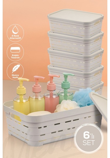 Vienev 6'lı Kapaklı 8,2 Litre Delikli Saklama Kutusu Bej Bej