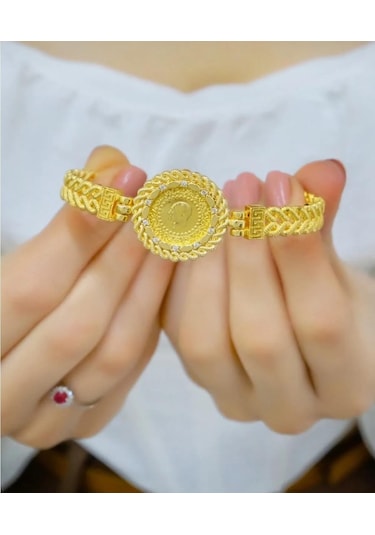 Çeyrekli Halat Örgülü Kelepçe Sarı Altın