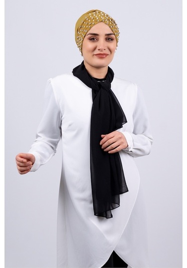 Hardal Pratik Hazır Geçmeli Tesettür Bone Sandy Kumaş Taşlı 1456_ Hardal