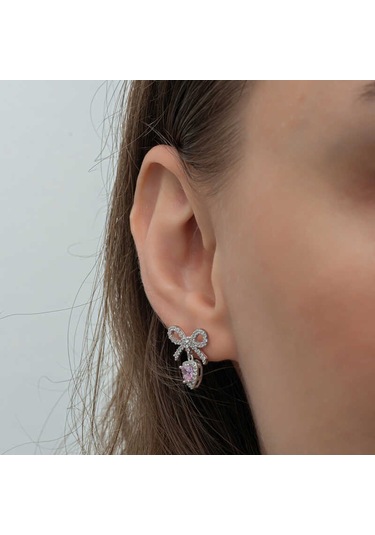 Gümüş Fiyonk Pembe Taşlı Kalpli Çivili Kadın Küpe Çok Renkli