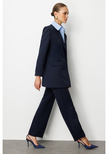 Mizalle Oversize Lacivert Kruvaze Blazer Ceket Lacivert