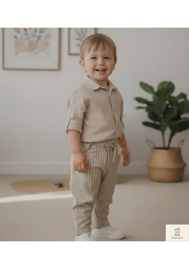 Minibohe Erkek Bebek & Çocuk Çizgili Pantolon Bej Bej