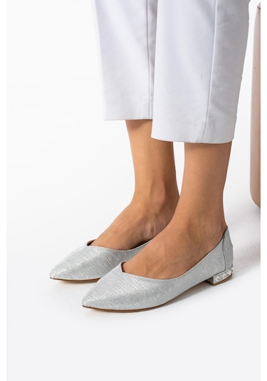 Kadın Gümüş Topuk Taş Detaylı Babet Gumus