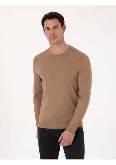 Cacharel Camel Slim Fit Yün Karışımlı Bisiklet Yaka Basic Triko Kazak Kahverengi