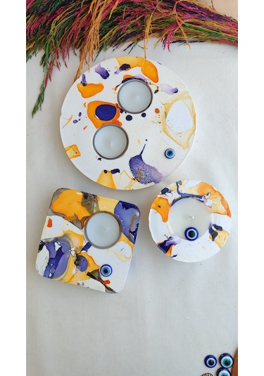 Fancyagnes El Yapımı Taş Tozu Mumluk 3lü Set Beyaz - Turuncu