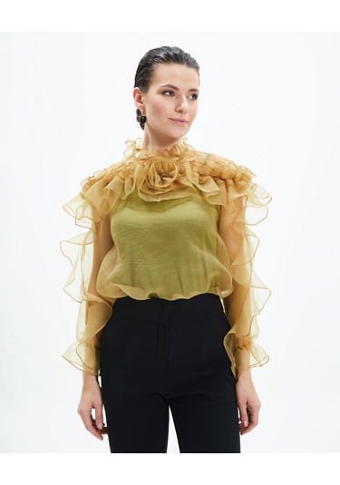 Kadın Volan Detaylı Şifon Bluz Çiçek Yaka Tasarım, Uzun Kollu Yağyeşili