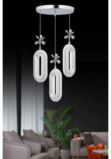 Led Alfa 3'lü Gümüş Kademeli 3 Renk Ledli Kristal Taşlı Modern Led Avize Krom
