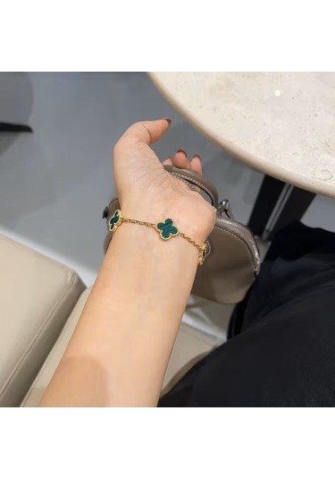 Çelik Bileklik Dört Yapraklı Küçük Yonca Yeşil Çizgili Sedef Taşlı Uzunluk 18 Cm Gold Altın - Gold