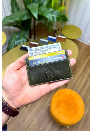 Unisex Antik Yeşil Mini Design Hakiki Deri Kartlık Cüzdan Erkek - Kadın Yeşil