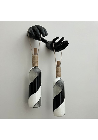 Siyah Heykel El Dekorlu Pilli Led Işıklı Vitray Cam Şarap Şişesi Çok Renkli