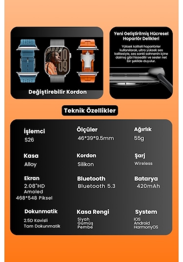 Harvox Watch 11 Pro+ Akıllı Saat Apple İphone Ve Android Tüm Telefonlara Uyumlu 46mm Turuncu