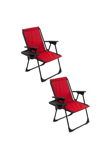 Natura 2 Adet Kamp Sandalyesi Dikdörtgen Bardaklıklı - Kırmızı