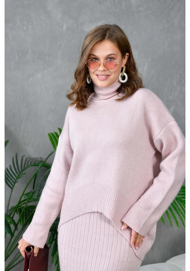 Kadın Balıkçı Yaka Oversize Kazak Uzun Etek İkili Triko Takım Pudra