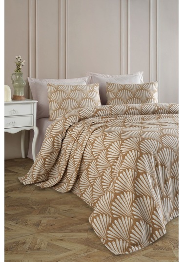 Baskılı Pike Takımı Çift Kişilik Yelpaze Kahve Kahve Kahverengi