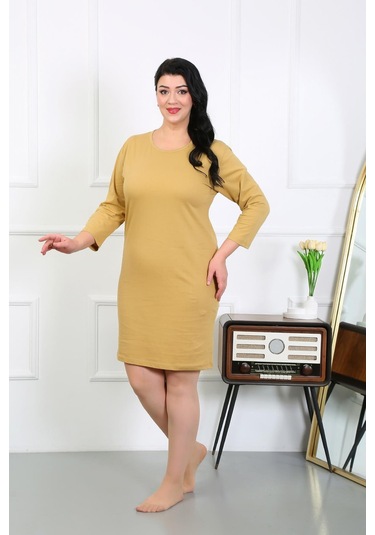 Akbeniz Kadın Büyük Beden Penye Gecelik Ev Elbisesi Hardal 12506 Hardal