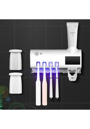 Mufunye Beyaz Duvarlı Uv Diş Fırçası Sterilizasyon Rafı - Entelegent Çift İşlev, 4 Fırça Tutabilir, Güneş Ve Usb Şarjlı, Kızılötesi Algılama Beyaz
