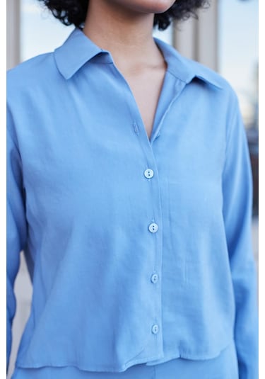 Kadın Likrasız Modal Kumaş Uzun Kol Hafif Kısa Gömlek-indigo Indigo