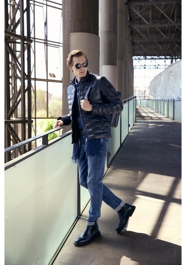 Su Geçirmez Regular Fit Erkek Şişme Suni Deri Mont Lacivert 4528 Lacivert