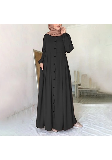 Barbora Keten Günlük Yazlık Tam Boy Tesettür Kadın Elbise Ln391siyah 001