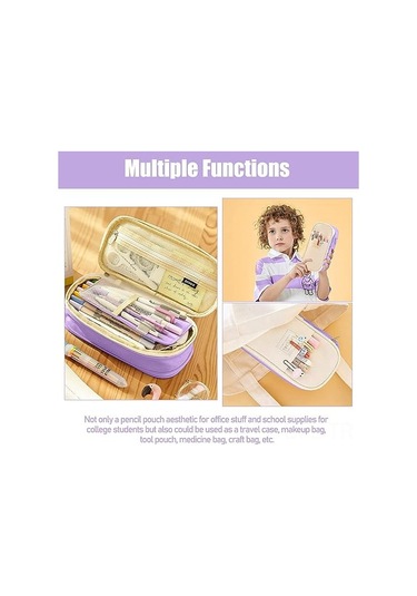 Dofolink Renkli Çanta: Geniş Kapasiteli 3 Bölmeli Gergin Askılıklı Kanvas Kalem Çantası, 50-60 Kalem Saklar, Seyahat/makeup/teknik Çantası Olarak Kullanılabilir - Mor/krem Çok Renkli
