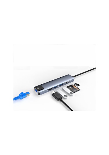 Smartgift 6 Port USB Hub Type C Ethernet/HDMI Adaptör USB 3.0 Çoklayıcı Çoğaltıcı Gri