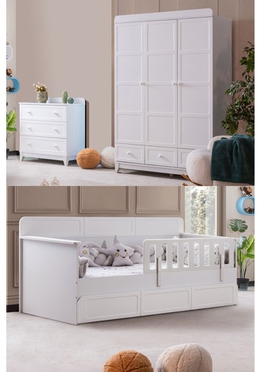 Mira Çocuk Odası Takımı, Mira Yavrulu Karyola, Berlin 3 Kapaklı Dolap, Şifonyer - Beyaz