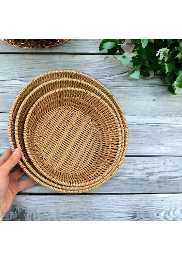 Küçük Boy Yuvarlak Hasır Servis Sunumluk Sepet Organizer Düzenley