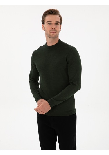Cacharel Koyu Yeşil Slim Fit Yün Karışımlı Çeyrek Balıkçı Basic Triko Kazak Yesıl