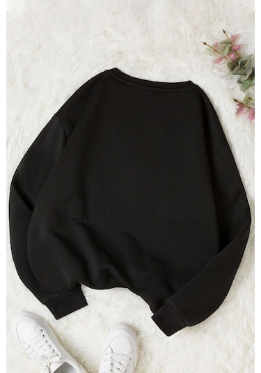 Unisex Brooklyn Baskılı Bisiklet Yaka Sweatshirt Siyah