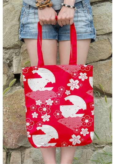 Ays Home Kiraz Çiçeği Desenli Plaj Bez Kitap Alışveriş Çantası Kırmızı