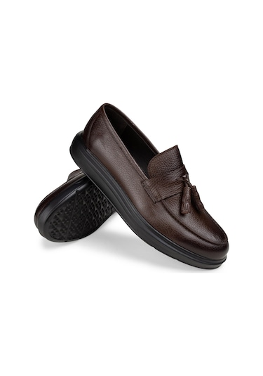 Deery Hakiki Deri Kahverengi Püsküllü Comfort Loafer Kahverengi