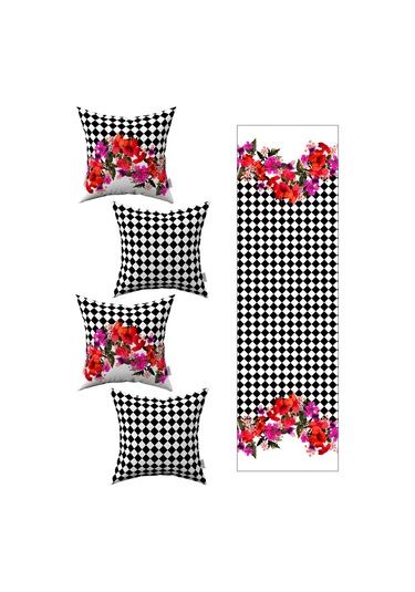 Siyah Beyaz Kareli Çiçek Desenli 4'lü Kırlent Kılıfı 1 Runner Seti 4kmbs272 Rs Siyah