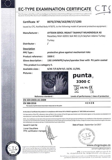 Punta 3300 C - Pu Kaplı Kesilme Dirençli Eldiven