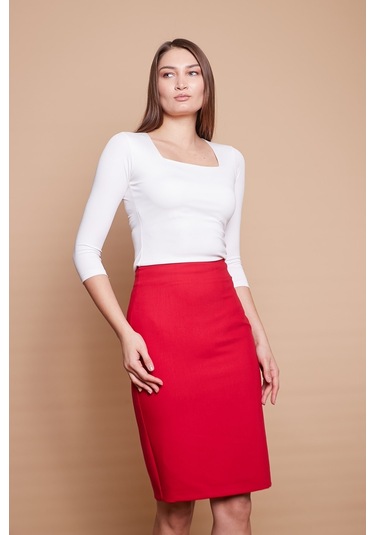 Astarlı Yüksek Bel Diz Altı Hafif Likralı Yırtmaçlı Kumaş Ofis Kalem Etek -kırmızı - Kırmızı