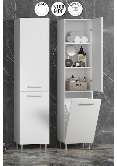 35 167 Cm Beyaz Mdf Ayaklı Sepetli Banyo Boy Dolabı Beyaz
