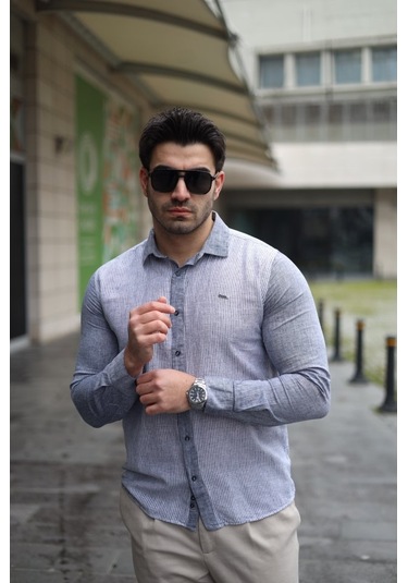 Erkek Pamuklu Keten Kumaş Gömlek Gri