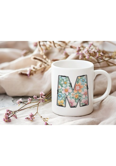 M Harfli Pastel Çiçek Desenli Kahve Kupası - Kişiye Özel Çiçekler Koleksiyonu Bardak - Hediye Beyaz