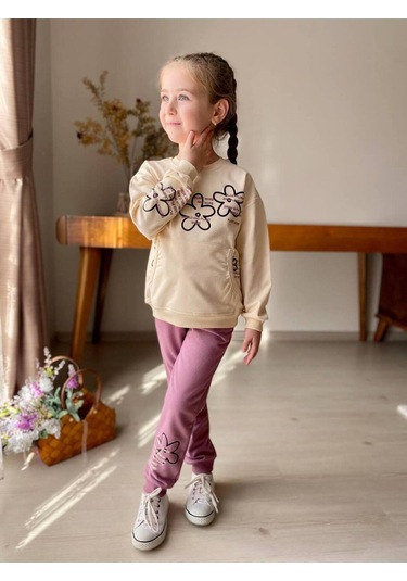 Çiçekli Kanguru Cepli Kız Çocuk 2'li Takım Mor