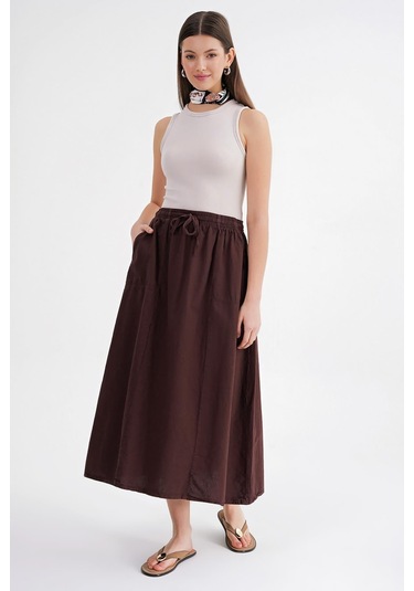 4633 Kadın Yandan Cepli Parçalı Etek Kahve Kahve