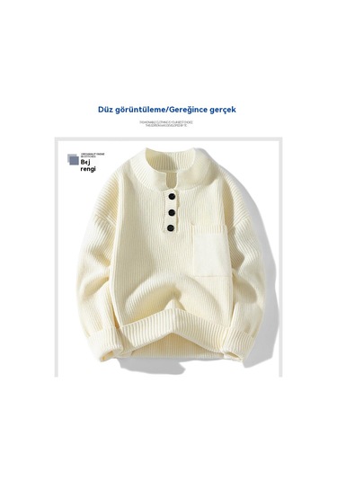 Yarım Balıkçı Yaka Düğmeli Kıvrık Etekli, Her Mevsime Uygun Erkek Kazağı Bej