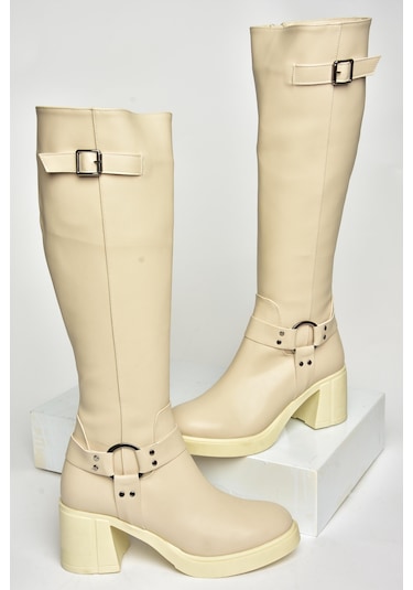 Fox Shoes T282832009 Bej Kalın Topuklu Kadın Çizme Bej