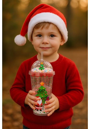 Desenli Renkli Pipetli Kupa Bardak Noel Çam Ağacı Altında Noel Baba Ve Kardan Adam Suluk 450ml 2768b Çok Renkli