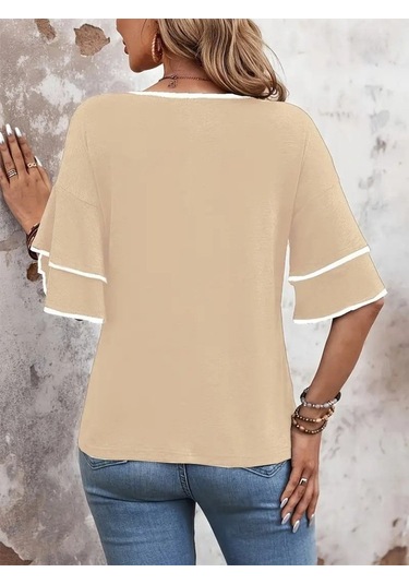 Modaserdem Kadın Kısa Kollu V Yakalı Viskon Bluz Bej