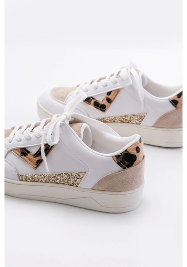Sv-01 Beyaz Leopar Desenli Bağcıklı Kadın Spor Ayakkabı Beyaz
