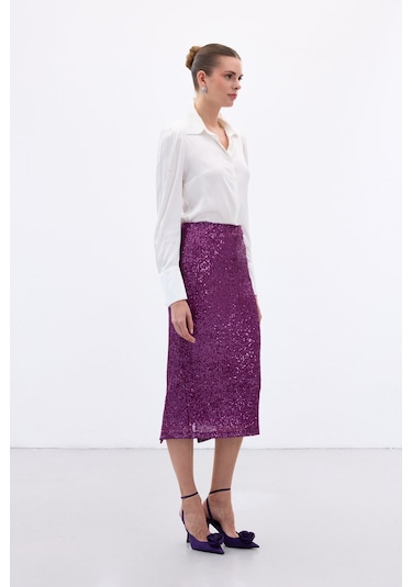 Sateen Payet Detaylı Kalem Etek - Mürdüm-136656 Mürdüm