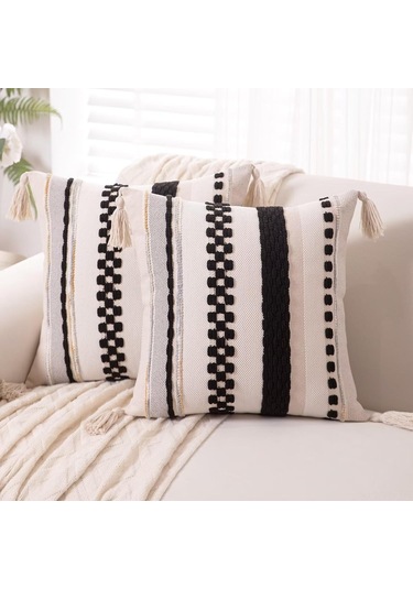 Vkemall 2'li Bohem Desenli Yorgan Kılıfı 18x18 İnç, Siyah, Çift Taraflı, Gizli Fermuar, El Yapımı Tassel, Koltuk Yastık Kılıfı Siyah