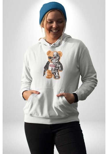 Robot Ayı Güneş Gözlüğü Kadın Erkek Beyaz Kapüşonlu Sweatshirt Hoodie Beyaz