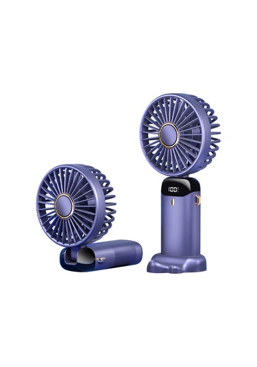 Kosona Mor Mini Usb Şarjlı Fan, 5 Hızlı, Led Ekranlı, 90 Derece Katlanabilir, Telefon Tutucu Ve Askı İp İle