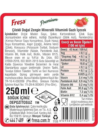 Freşa Premium Çilekli Vitaminli Maden Suyu 250 Ml X 24 Adet